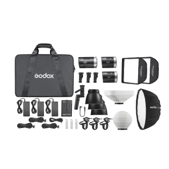 Godox ML-KIT2 Trio Kit with ML60Bi and ML30Bi COB lights, reflectors, softboxes, and accessories for professional photography lighting