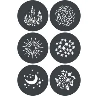 Godox GP GS1 GOBO Set for MG1200Bi - Seši 148mm metāla gobo ar sarežģītiem rakstiem, piemēram, uguņošana un saules staru efektiem radošai apgaismošanaiGodox GP GS1 GOBO Set for MG1200Bi - Seši 148mm metāla gobo ar sarežģītiem rakstiem, piemēram, uguņošana un saules staru efektiem radošai apgaismošanai