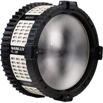 NANLUX FL-28 Fresnel Lens for Evoke Series - Compact NL mount lens with a textured front surface and hexagonal ventilation holes, designed for professional studio lighting setups.