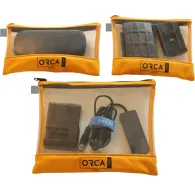 Orca OR-599 transparent pouches kit for DSLR accessories - yellow protective bags with clear windows showing lens cap, battery grip, charger, cables, and adapters insideOrca OR-599 transparent pouches kit for DSLR accessories - yellow protective bags with clear windows showing lens cap, battery grip, charger, cables, and adapters inside