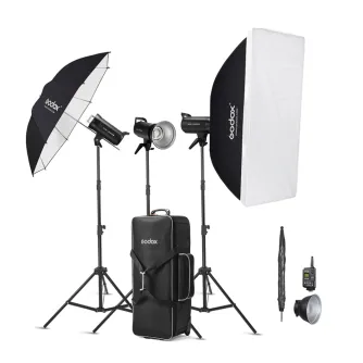 Professional Godox SK300IIV D Studio Flash Kit with softbox, umbrellas, reflector, and wireless control unit for studio photography