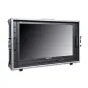 Professional 4K broadcast monitor with a metal flight case, featuring a black screen, control buttons, and HDMI inputs.