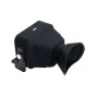 JJC LVF PRO1FX LCD viewfinder with U-shaped handle and adjustable knobs, mounted on a camera via a quick release plate, featuring an extended lens for enhanced viewing.