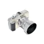 Silver JJC Olympus LH-40B lens hood mounted on an Olympus camera, designed for the 45mm f/1.8 lens to prevent overexposure and lens flares while offering front protection.