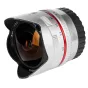 Samyang 8mm f/2.8 fisheye lens for Sony E-mount, featuring a silver barrel with a black rubber grip and a petal-shaped lens hood, showcasing manual focus and aperture rings.