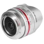 Samyang 8mm f/2.8 fisheye lens for Sony E-mount, featuring a silver metallic body, red focus ring with distance markings, aperture scale, and compact design.