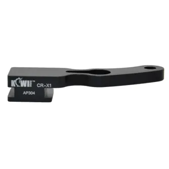 Kiwi CR-X1 Custom Mechanical Cable Release adapter - Black mechanical cable release adapter with a hole for cable attachment, mounted on a camera's hot shoe, featuring a sleek design and labeled 'Kiwi CR-X1' and 'AP304'.