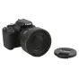 Canon camera with JJC EW-83L lens hood, lens cap placed separately to the right.