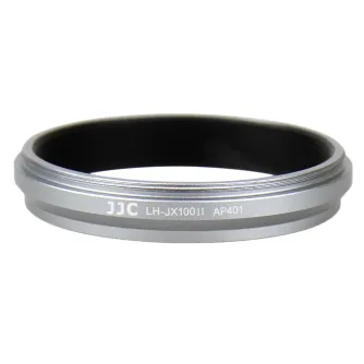 Silver lens hood JJC LH-JX100II for Fujifilm Finepix X100 series cameras, designed to block unwanted light and reduce lens flare.