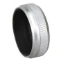 Silver Fuji lens hood JJC LH-JX100II with textured grip and black interior, designed for Fujifilm Finepix X100 series cameras, protects against lens flare and light leaks.
