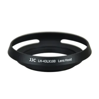 Объективный бленда JJC LH-43LX100 - черный бленда с текстом 'JJC LH-43LX100 Lens Hood', круглая форма и матовая поверхность.