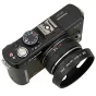Panasonic Lumix G1 camera with JJC LH-46GFII lens hood attached to 14mm lens, top and side views, lens hood details visible