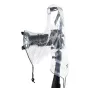 JJC Ri-SF transparent rain cover on an SLR camera with a telephoto lens, mounted on a tripod, featuring a drawstring closure and clear view of camera settings
