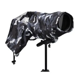 Camouflage rain cover for cameras, open on a stand, transparent rear, adjustable drawstring, front zipper, dimensions 15x11.2x7.5cm