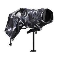 Camouflage rain cover for cameras, open on a stand, transparent rear, adjustable drawstring, front zipper, dimensions 15x11.2x7.5cmCamouflage rain cover for cameras, open on a stand, transparent rear, adjustable drawstring, front zipper, dimensions 15x11.2x7.5cm