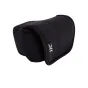 JJC Neoprene Camera Pouch OC-F2BK - Black neoprene camera pouch with Velcro flap closure, elastic material, and stitching details, slightly open to reveal its interior.