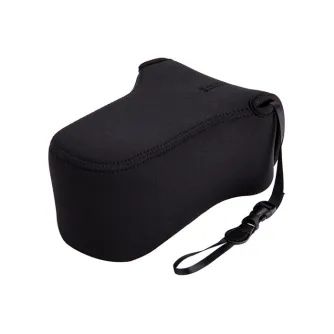 JJC Neoprene Camera Pouch OC-F3BK - Black neoprene camera pouch with Velcro closure and adjustable strap, designed for system cameras.