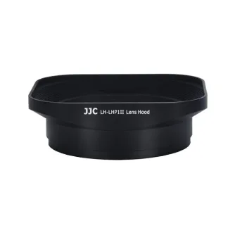 Навес для объектива JJC LHP-1II для Sony, черного цвета с текстом 'JJC LH-LHP1II Lens Hood' на белом фоне, прямоугольной формы с закругленными краями и текстурированной внутренней поверхностью.