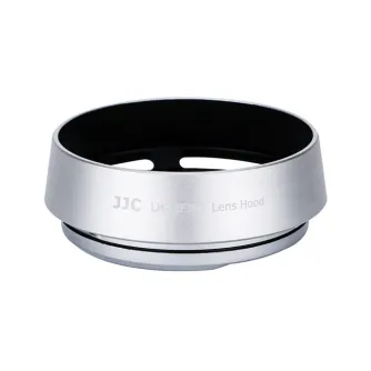 JJC LH-JXF35C Fuji капюшон - Серебряный капюшон с черной внутренней частью и выгравированным текстом 'JJC LH-JXF35C Lens Hood' спереди, с цилиндрической формой и легким сужением, а также черным резиновым уплотнением внизу.