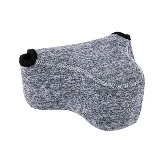 JJC Neoprene Camera Pouch OC-S2BG - Gray protective camera pouch with Velcro flaps and white stitching.