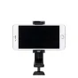 A white smartphone securely attached to a black JJC Smart Phone Clip SPS-1A, mounted on a tripod. The clip features a 1/4-20 thread for compatibility with various accessories and adjustable length from 56mm to 105mm, with anti-s