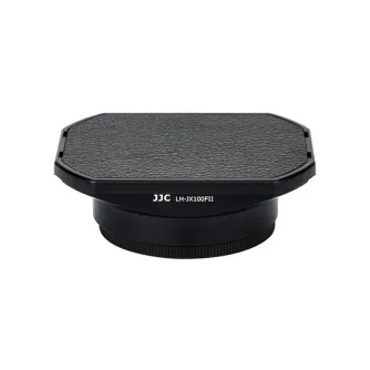 JJC LH-JX100FII lens hood - Black hexagonal lens hood with textured surface and white 'JJC LH-JX100FII' text, featuring a matte finish.