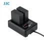 JJC Panasonic DCH-BLC12 USB Dual Battery Charger with two batteries inserted, digital display showing charging status, and USB cable connected for fast charging.