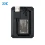 JJC USB Dual Battery Charger with cable, rear view, charging indicator lamps, and ventilation slots