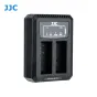 JJC USB Dual Battery Charger for Panasonic DMW-BLG10/DMW-BLE9 batteries, featuring dual charging slots, indicator lights CH1 and CH2, and USB connectivity for versatile power sources.