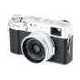 JJC LH-JX100VII silver lens hood mounted on a Fujifilm X100 series compact camera, featuring a matte aluminum finish and 49 mm adapter ring for filters