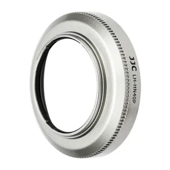 JJC HN-40 Lens Hood Silver with textured grip and branding 'JJC LH-HN40P', featuring a matte finish inside and a threaded edge for attachment.