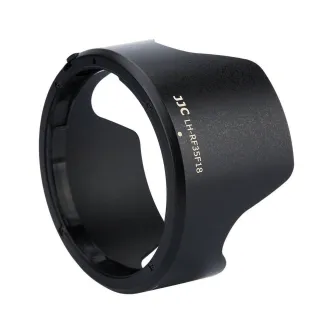 JJC LH-RF35F18 lens hood Black with 'JJC LH-RF35F18' text, circular opening, matte finish, isolated on white background.