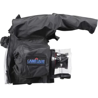 Black waterproof camera rain cover for Canon EOS C300 Mark III with transparent lens covers and clear viewfinder protector, featuring hook-and-loop fasteners and soft lining.