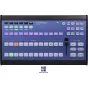 Skaarhoj Air Fly Controller for vMix Systems - Close-up of the blue front panel featuring buttons, LED indicators, and a transition fader, with illuminated buttons in green, red, and purple, and brand name 'SKAARHOJ AIR-FLY' vis