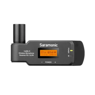 Saramonic UwMic9 RX-XLR9 wireless receiver with orange LCD display, XLR output, and compact design for professional audio monitoring