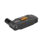Saramonic UwMic9 RX-XLR9 wireless receiver with a digital display showing 'CH 9', a 3.5mm headphone jack, and a cylindrical antenna, featuring a compact metal body and labeled ports.