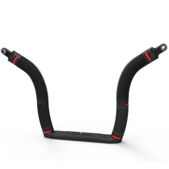 SeaLife Flex-Connect Dual Tray Flex Arm Grip Kit - divi elastīgi rokturi ar sarkaniem akcentiem, centrālā plāksne ar stiprinājuma pogu un YS adapteri drošai gaismas piestiprināšanai.