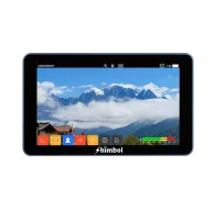 Shimbol M5 5.5-inch on camera monitor, kas attēlo kalnu ainavu ar sniegotiem virsotnēm un mākoņiem, ar tehniskām ikonām un krāsu kalibrēšanas joslu apakšā.Shimbol M5 5.5-inch on camera monitor, kas attēlo kalnu ainavu ar sniegotiem virsotnēm un mākoņiem, ar tehniskām ikonām un krāsu kalibrēšanas joslu apakšā.