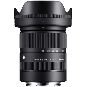 Sigma 18-50mm f/2.8 DC DN Contemporary lens for Canon RF-S mount - front view with attached hood