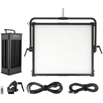 NANLUX Dyno 1200C RGBWW LED Soft Panel Light с креплением, блоком питания и аксессуарами, расположенными отдельно.