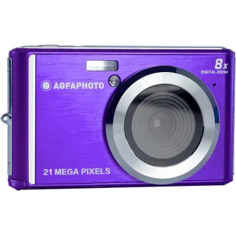 Фиолетовая компактная камера AgfaPhoto Realishot DC5200 с серебристым кольцом объектива и вспышкой, 21-мегапиксельный сенсор и 8-кратный цифровой зум.
