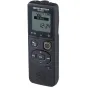 Чёрный аудиозаписывающее устройство Olympus OM System VN-541PC с цифровым дисплеем, на котором отображается 'REC' и время '12:34'. Включает кнопку питания, управление воспроизведением/паузы, навигацию по папкам и текстурированну