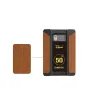 Rolux Dynasty I 50Wh V-Mount Battery с кожаной текстурой боковых панелей, отображающий статус батареи и технические характеристики