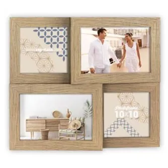 Zep Photo Frame ZD49B Bormio Brown for 4 Photos - Элегантная деревянная рамка с геометрическими узорами, пара в белых нарядах, минималистичный стол с декором и рамка 10x10.