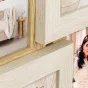 Zep Italia DT553W Locarno White фото коллаж рамка с перекрывающимися деревянными слоями, вмещает 6 фото 5x10x15 и 1x10x10 см, представлена в домашнем интерьере с женщиной и декоративными аксессуарами.