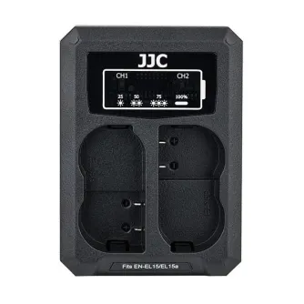 JJC Nikon DCH-ENEL15 USB lādētājs ar diviem slotiem Nikon EN-EL15 baterijām, USB uzlādi un gudriem statusa indikatoriem