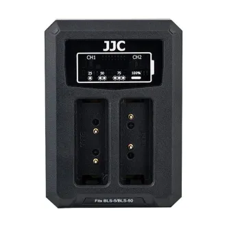 JJC Olympus DCH-BLS5 USB Dual Battery Charger - kompakts divu bateriju lādētājs ar USB portu un bateriju statusa indikatoriem