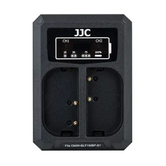 JJC DCH-BLF19E USB divu bateriju lādētājs Panasonic DMW-BLF19 ar divām bateriju slotēm un digitālo displeju