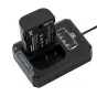 JJC DCH‑BLF19E USB divu bateriju lādētājs ar Panasonic DMW‑BLF19 bateriju, parādot divus uzlādes slotus, indikatora LED gaismas un USB portu uz melna kompakta korpusa.