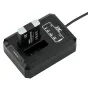 JJC DCH‑NB13L dual USB battery charger for Canon NB‑13L, black plastic case with two charging slots, one battery inserted, indicator LEDs, USB cable attached, top view